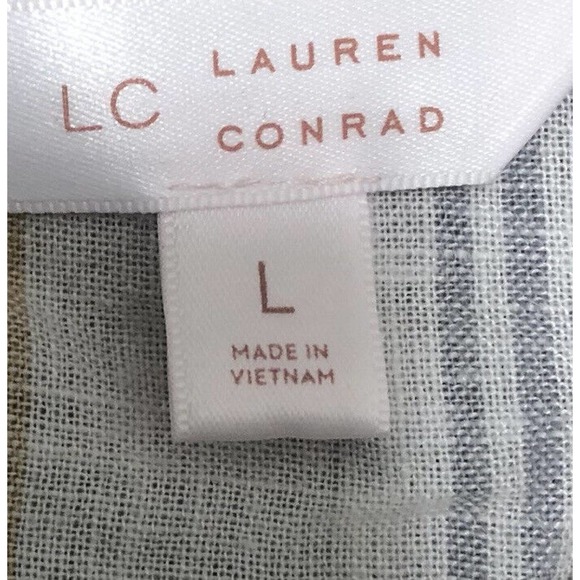 LC Lauren Conrad Sz L Linen Blend Blouse Blue & Tan Stripes Cover Up Top Tee B1 - Picture 5 of 6